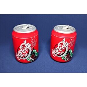 Coca Cola Coke Can Ceramic Salt and Pepper Shakers w/ Stoppers 3.5" H Large Set